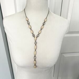 Vintage cream and jewel studded y drop adjustable lariat statement necklace